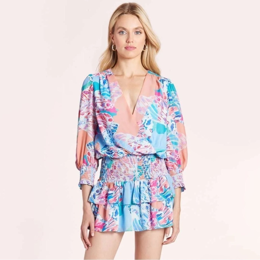 NWT,Amanda Uprichard Floral Mini Dress Pastel Ruffle Smocked Waist Resort SIZE S - Picture 4 of 9
